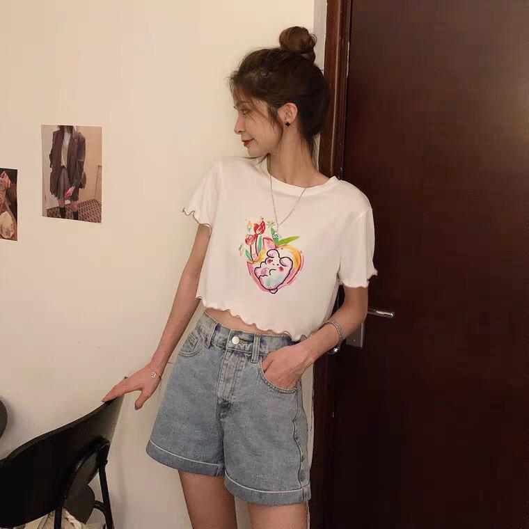 Áo croptop nữ, ngắn tay, mặc đi chơi, thời trang đẹp, viền biên hoa và thỏ cực xinh ( kèm ảnh thật