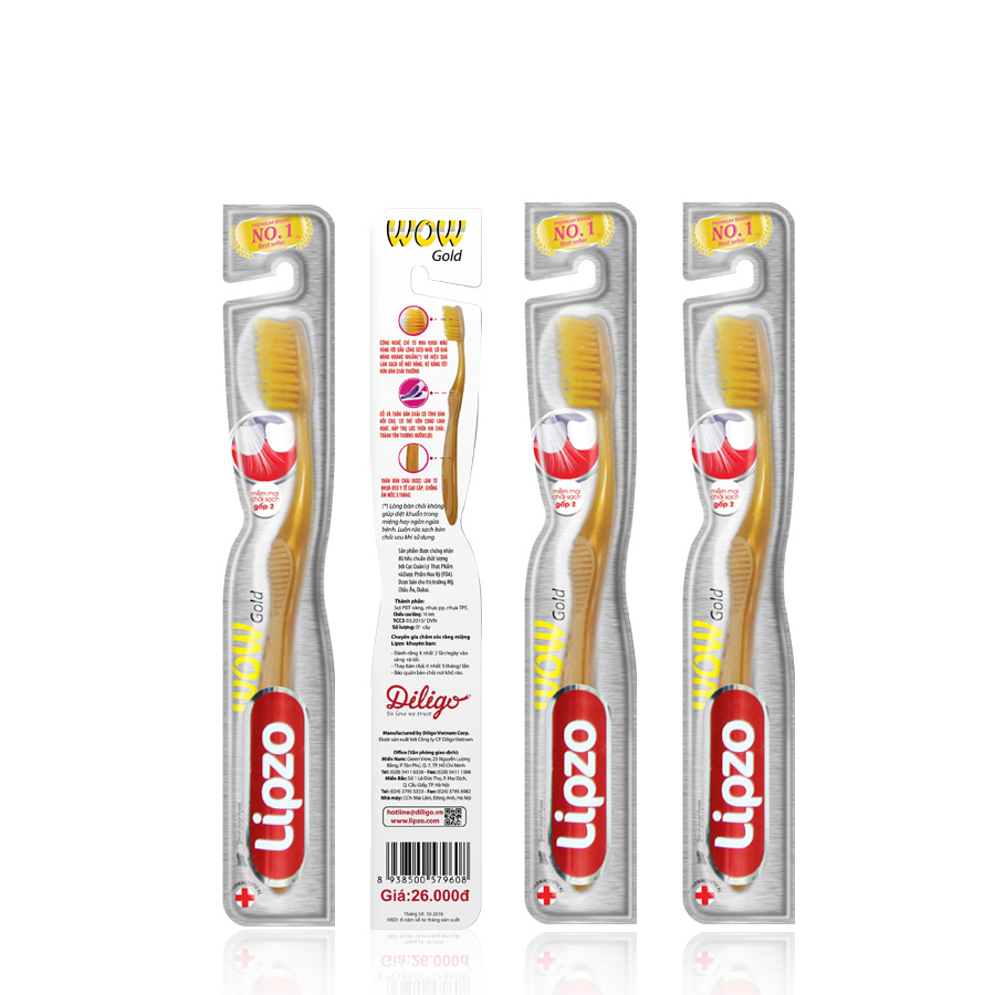 Combo 03 Bàn Chải Đánh Răng LIPZO Wow Gold Công Nghệ Chỉ Tơ Vàng Hai Lớp Nano Kháng Khuẩn