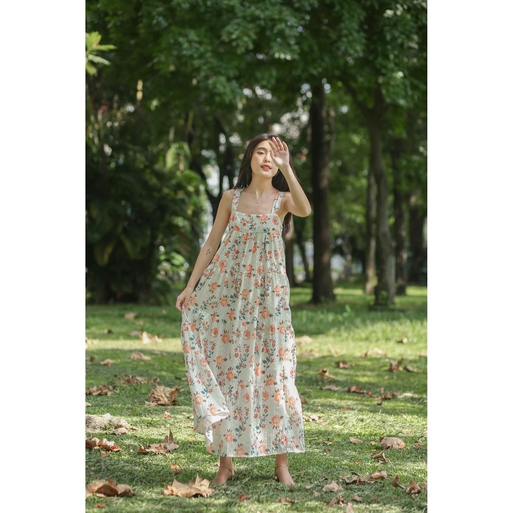 ĐẦM MAXI HOA NHÍ CAM XANH 2 DÂY XÒE DÀI VẢI KATE THÊU HOA TRẮNG NHÍ-hình thật cận vải