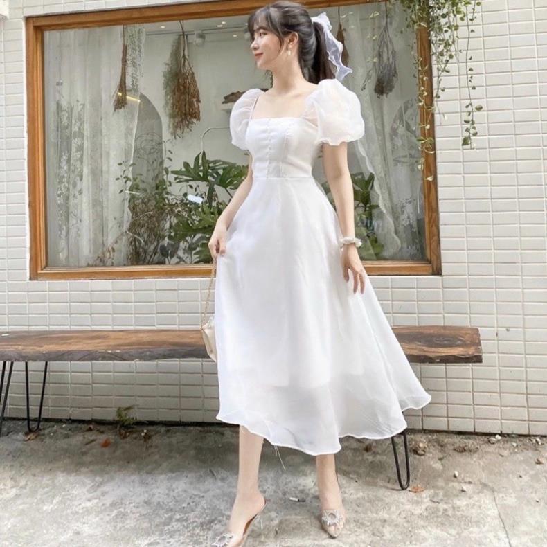 X2 Đầm váy trắng đi tiệc form dài tay bo nút ngọc cổ vuông dáng xòe công chúa tiểu thư dịu dàng tasa