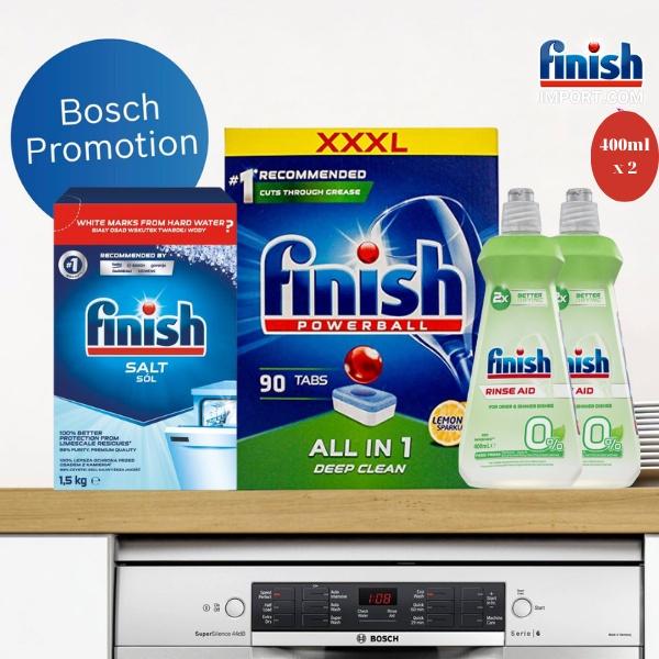 Combo 4 món Hộp 90 viên Finish GIGA All in 1 + Muối Finish 1,5kg + 2 Nước làm bóng Finish 400ml dành cho máy rửa chén EU