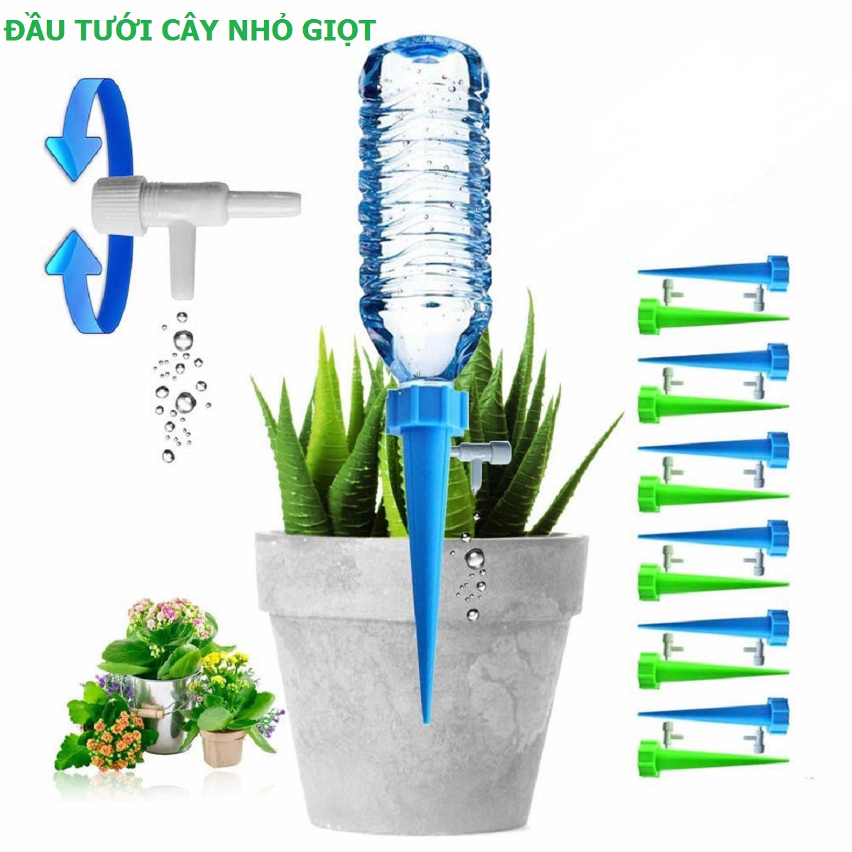 Set 5 Đầu Tưới Cây Nhỏ GIọt Thông Minh, Đầu Tưới Nhỏ Giọt Gắn Chai Nước Tự Động Tưới Cây, Chỉnh Được Lượng Nước Pots, garden decor