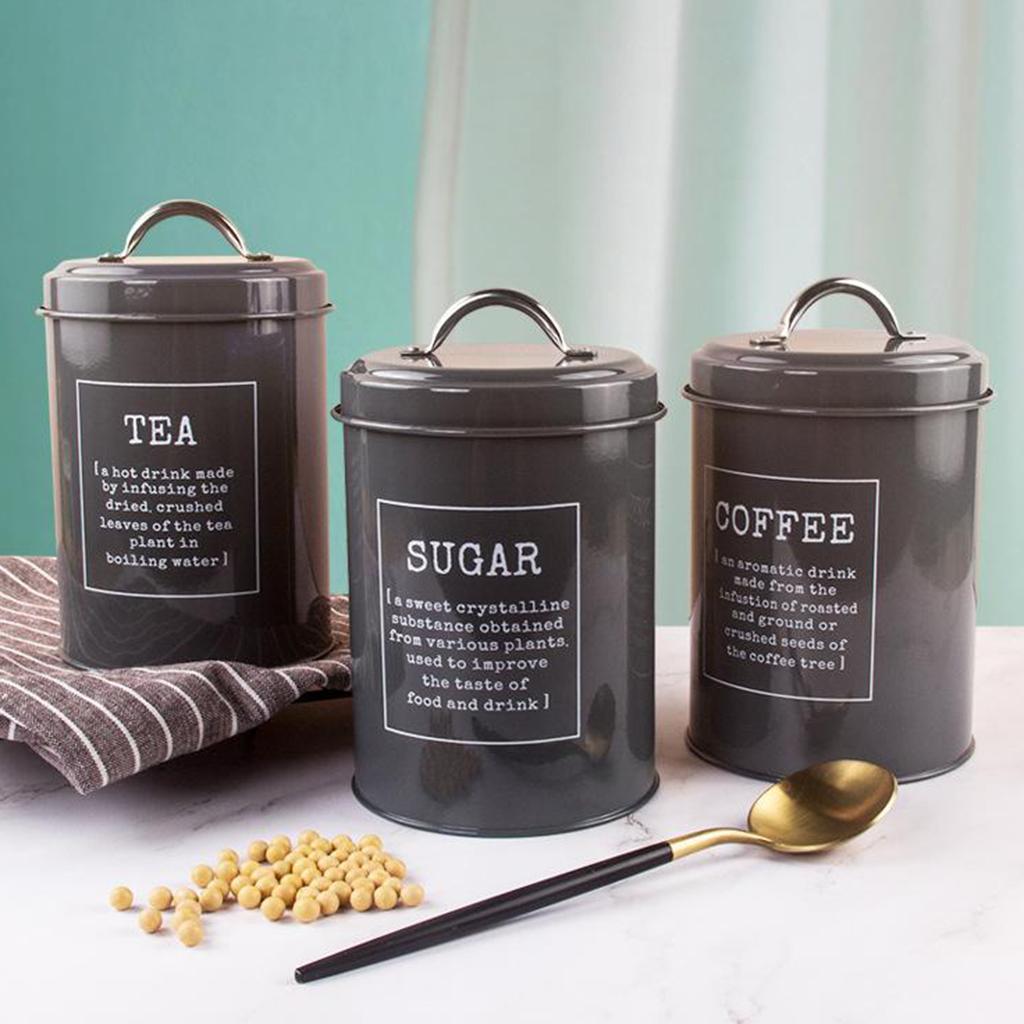 Set of 3 Metal Kitchen Food Coffee Sugar Tea Storage Tin Canister Jar Container with Lid