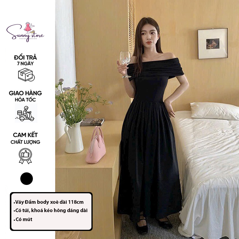 Đầm maxi dài trễ bẹt vai hàng quảng châu, váy xoè đi biển