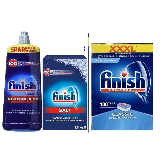 siêu rẻ Combo 100 viên Finish+ nước bóng 1150ml+1.2kg muối rửa bát dùng cho máy rửa bát chén