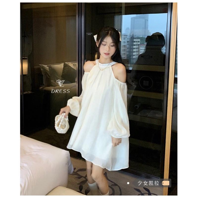 Váy Trắng Tơ Trễ Vai Dài Tay Suông Cách Điệu Siêu Đáng Yêu BBD01
