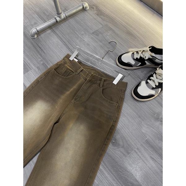 Quần jeans ống rộng jean nam nâu phối loang trắng