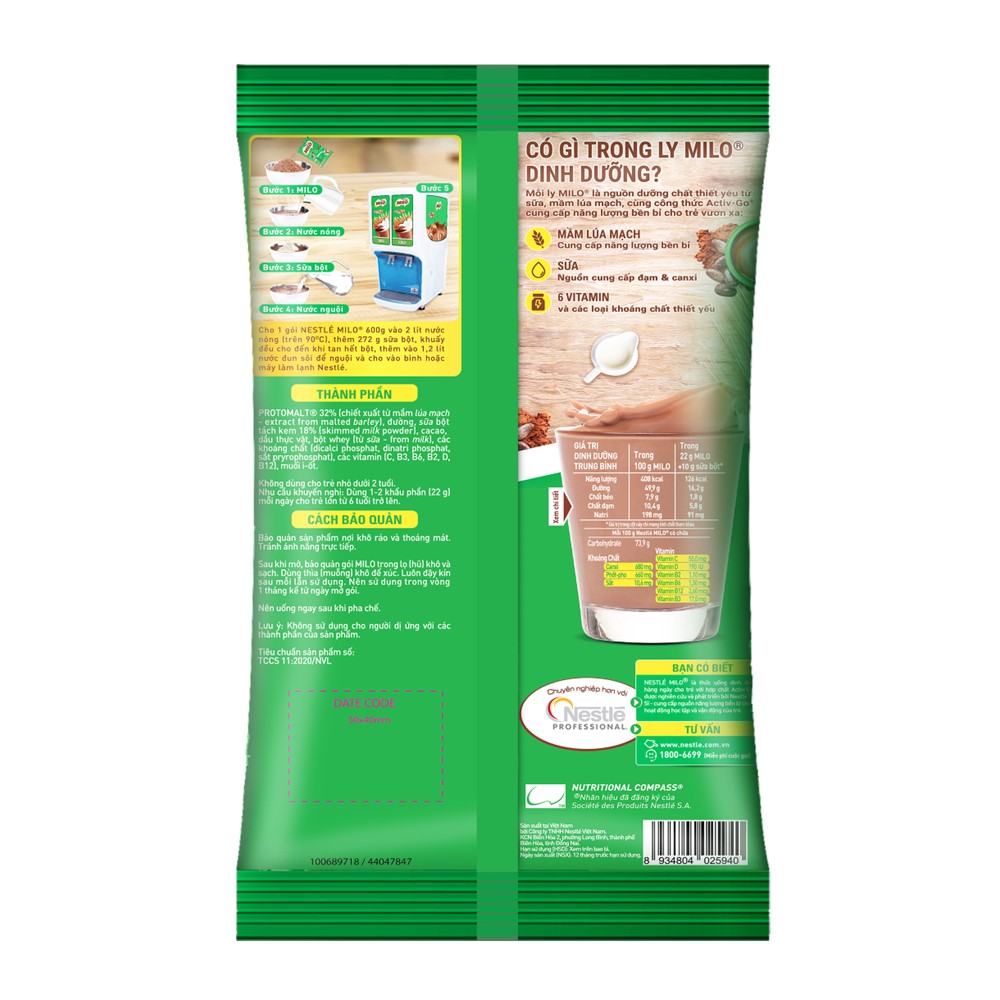 Combo 2 bịch thức uống ca cao lúa mạch Milo 3in1 (600g)