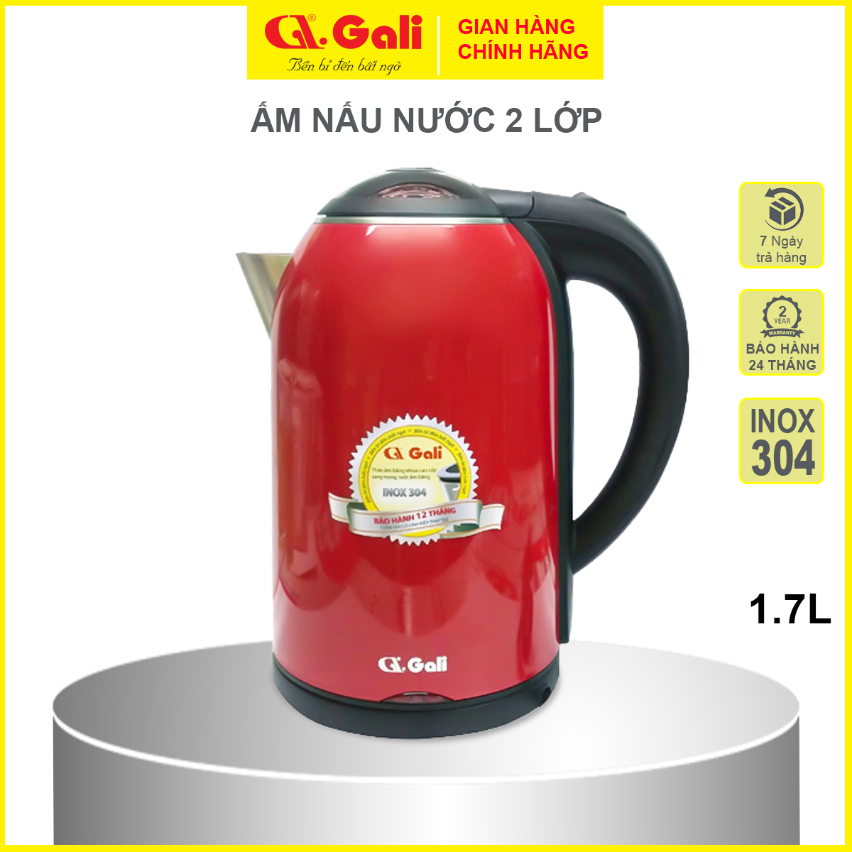 Ấm đun siêu tốc bằng Inox cao cấp 304, GL-0017C màu xanh thân ấm 2 lớp, vỏ ngoài bằng nhựa nguyên sinh chịu nhiệt tốt, hàng chính hãng 100%. Bảo hành 24 tháng.