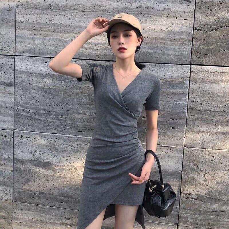 F539N Đầm ôm body cổ tim chéo, vạt chéo xéo tà 1 bên
