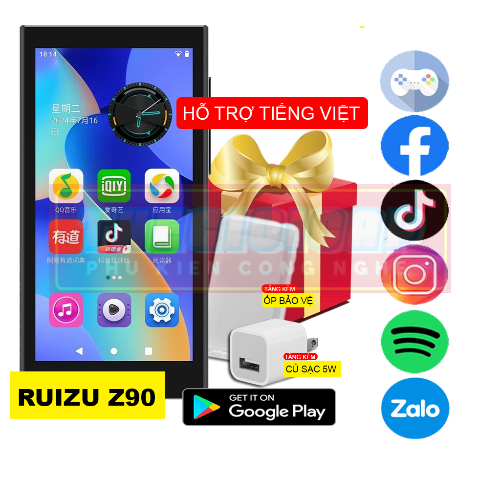 (Hỗ Trợ Tiếng Việt) Máy Nghe Nhạc Android MP4 Màn Hình Cảm Ứng 4.0 Inch Bluetooth WiFi Ruizu Z90 Bộ Nhớ Trong 64GB - Hàng Nhập Khẩu