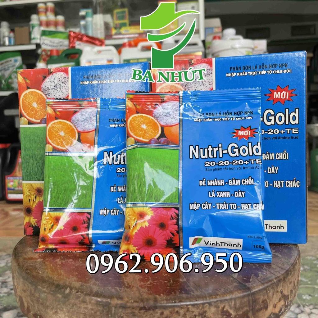 1 Hộp 10 Gói Phân Bón Lá NUTRI-GOLD 20-20-20+TE Đẻ Nhánh, Đâm Chồi – Lá Xanh, Dày – Mập Cây, Trái To, Hạt Chắc