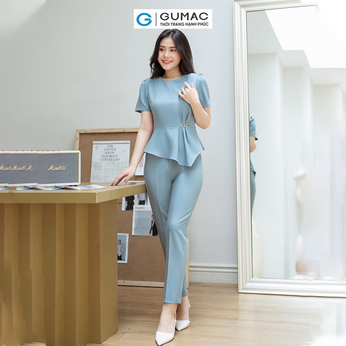 Áo kiểu dáng Peplum phối phụ kiện vải cotton lạnh GUMAC AD08036