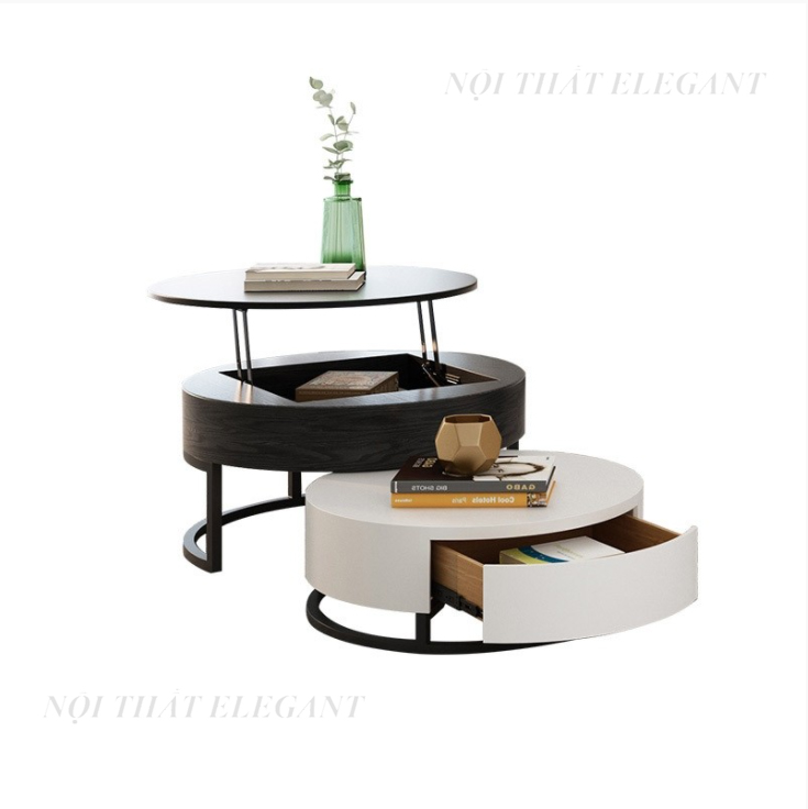 Bộ bàn trà tròn thông minh, gỗ tự nhiên, có hai ngăn kéo và 1 ngăn ẩn, mặt bàn có thể nâng hạ – EL-BT04