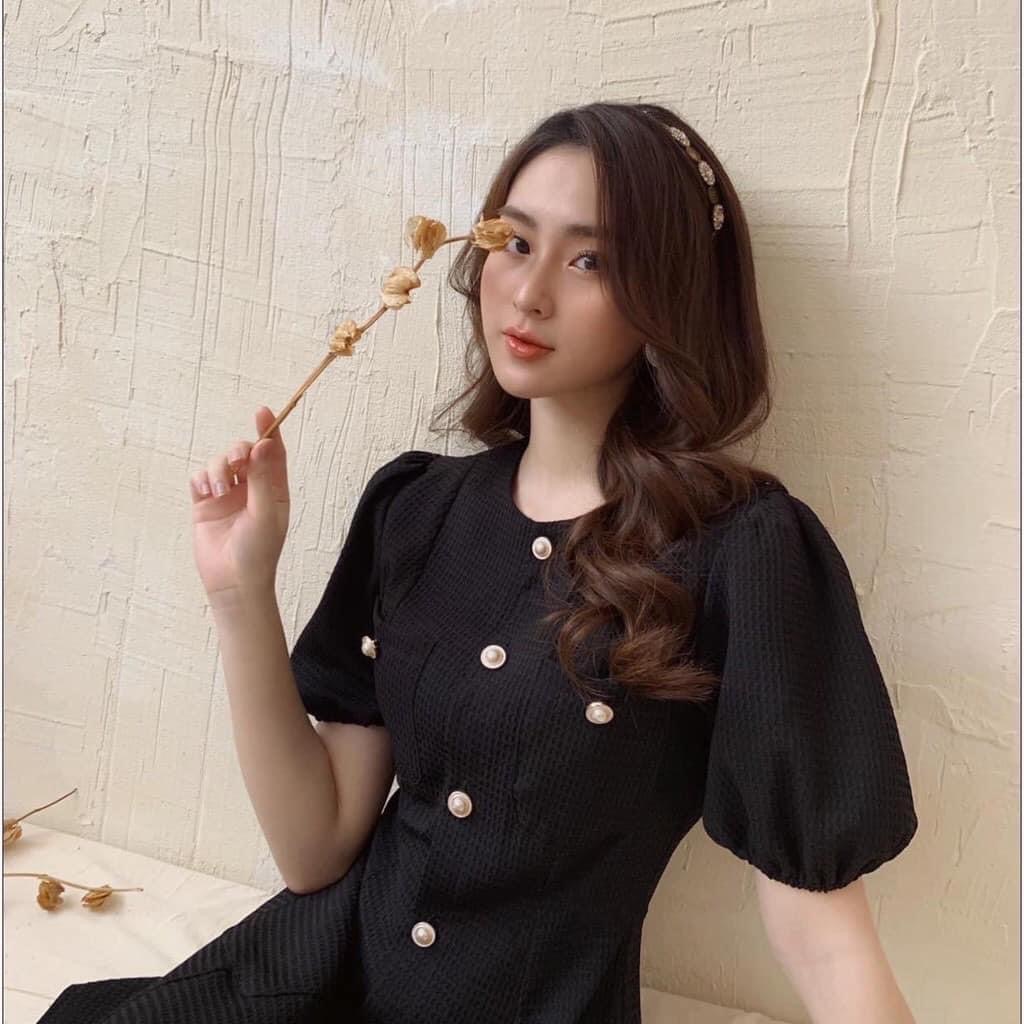 Đầm đen tay phồng phối nút ngọc tiểu thư - váy đầm nữ dự tiệc