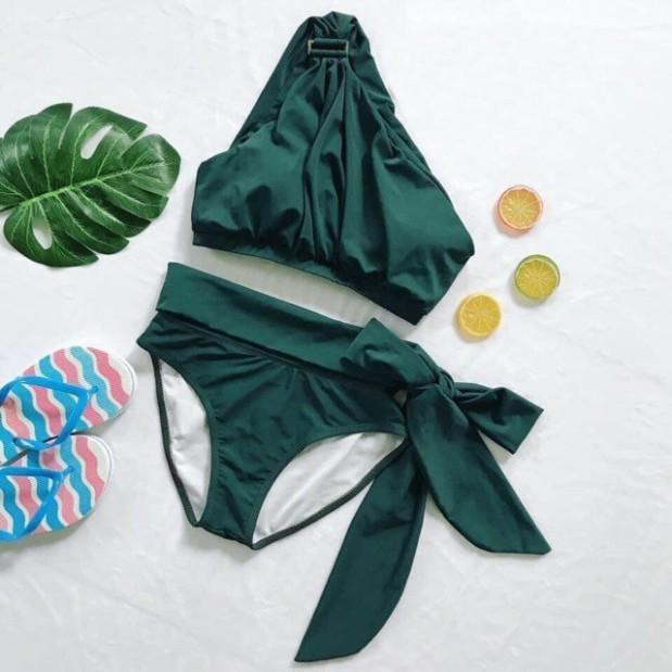 Bikini, bộ bơi áo lệch vai phối khoen vuông, quần nơ dài, phong cách Hy Lạp - EVA shop