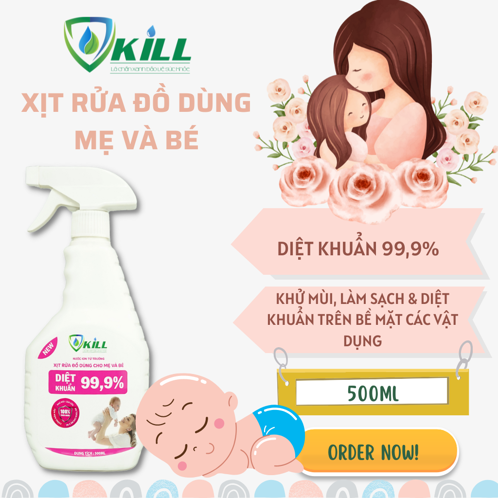 Xịt rửa bình sữa đồ dùng cho mẹ và bé Vkill 500ml khử khuẩn nhanh với ion từ trường công nghệ Nhật Bản