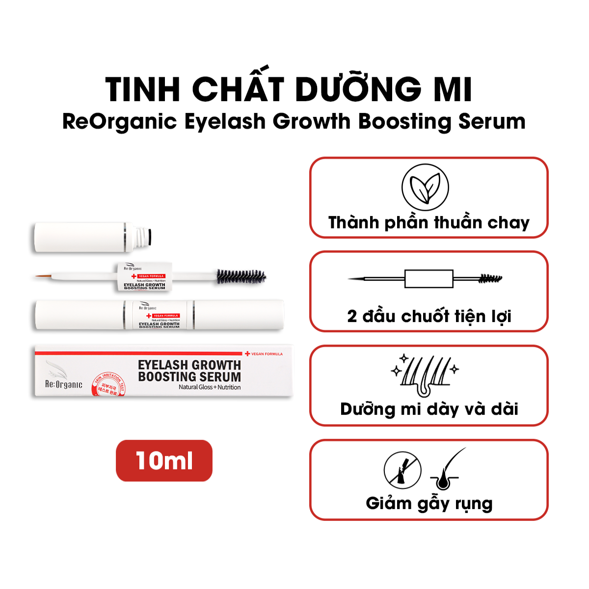 Tinh chất dưỡng mi thuần chay Re:Organic Eyelash Growth Boosting Serum 5ml x 2, chuốt dưỡng mi mày và chân tóc chắc khỏe