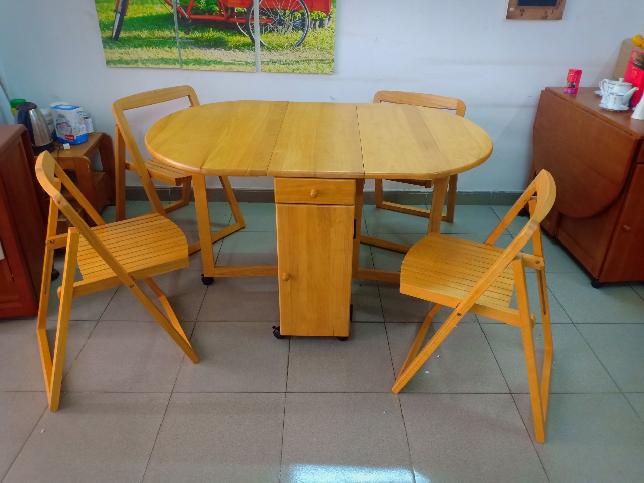 Bộ bàn ăn xếp gọn gỗ cao su xuất khẩu màu vàng sáng Hi Furniture