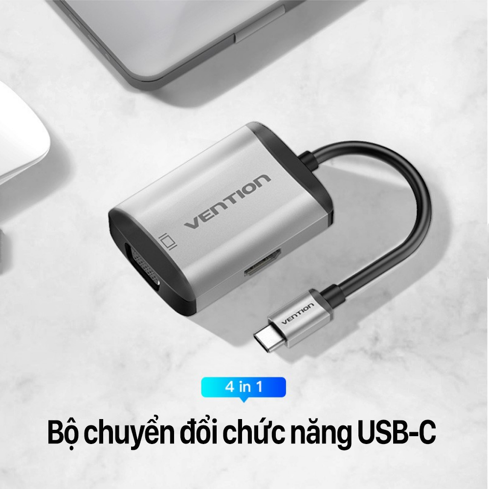 Hub Type-C to HDMI VGA Cáp chuyển đổi USB Type C to HDMI + VGA + USB 3.0 + PD Vention - Hàng chính hãng