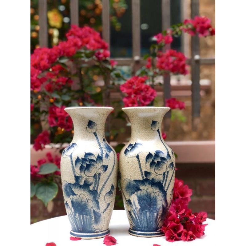 BÌNH HOA SEN VÀ RỒNG MEN RẠN GIẢ CỔGỐM BÁT TRÀNG- GIẢ CỔ