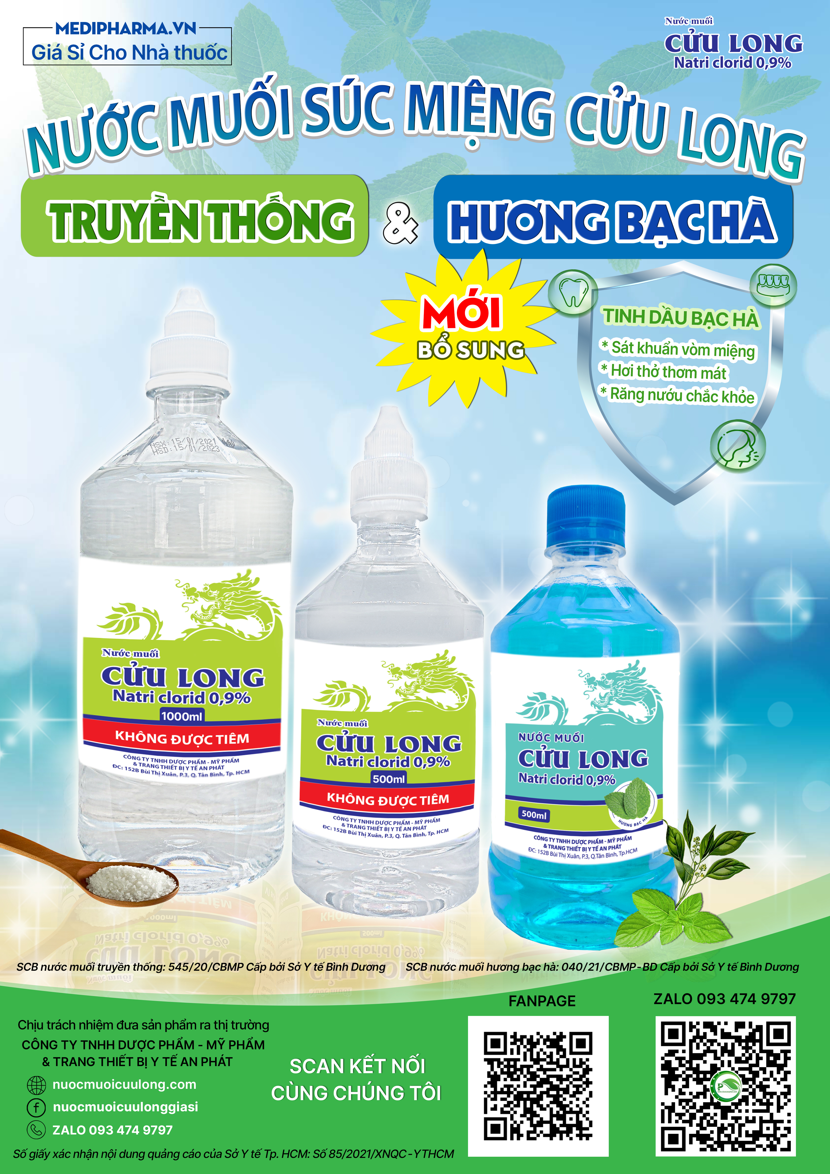 Nước muối súc miệng Cửu Long Natri Clorid 0.9% thùng 500ml 20 chai