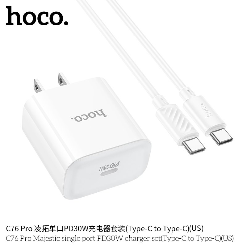 Bộ Sạc Siêu Nhanh Type C PD 30W Cho Iphone 15 và Android mới nhất Hoco. C76 Pro dây sạc type c to type c dài 1m, củ sạc tích hợp chip thông sạc nhanh an toàn bảo vệ máy - Hàng Chính Hãng