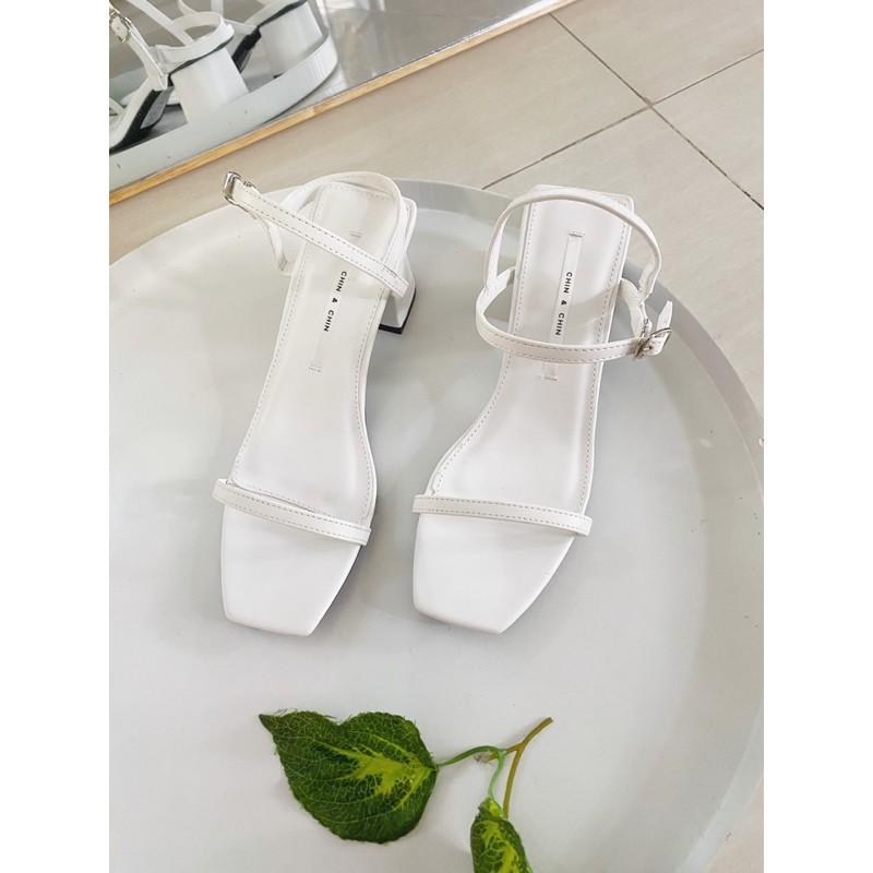 Giày sandal gót trụ 5cm - Giày sandal quai ngang mảnh dễ thương chinchin - đen - trắng - hồng