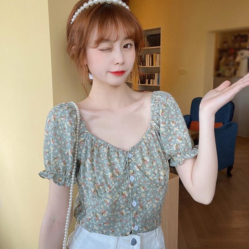 Áo Kiểu Chiffon Tay Ngắn Cổ Vuông In Họa Tiết Xinh Xắn Cho Nữ