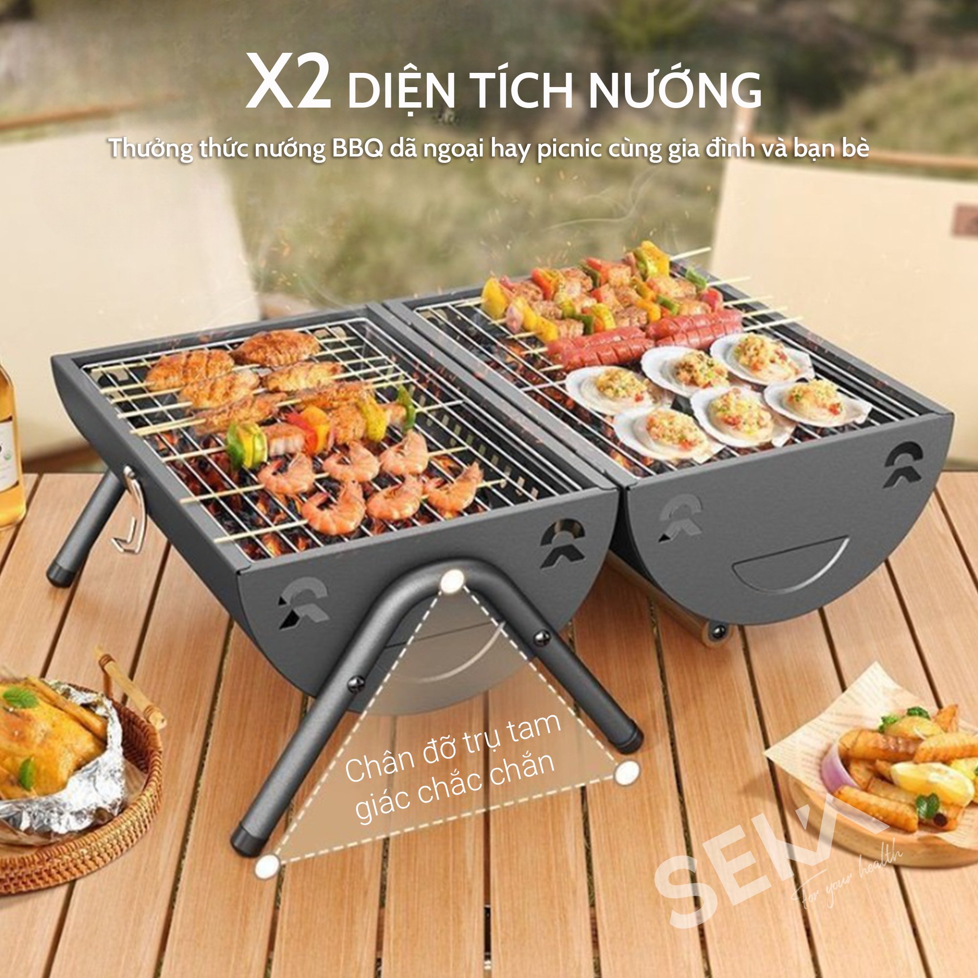 Bếp Nướng Than Dã Ngoại Ngoài Trời Chất Thép Không Gỉ, Kèm Vỉ Nướng Inox, Khay Đựng Than, Nướng Thịt Siêu Ngon