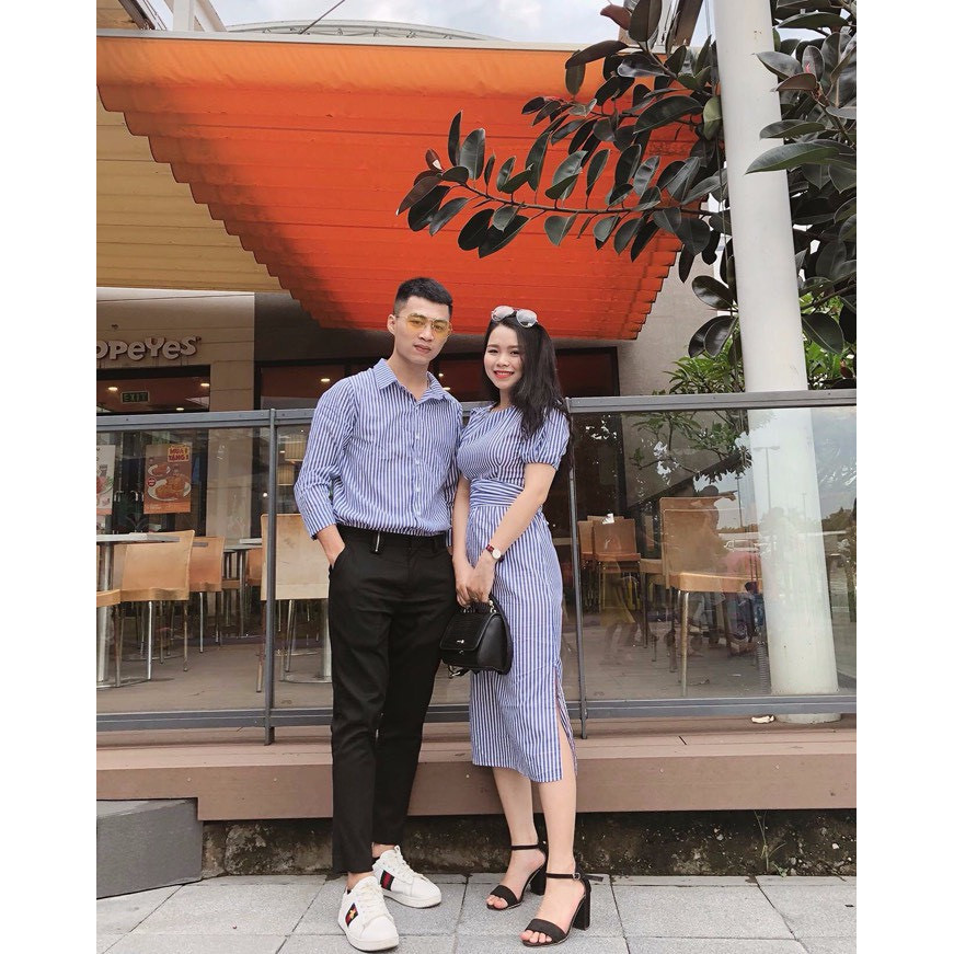 Set đồ đôi áo váy cặp CoupleTina 100% cao cấp - Họa tiết kẻ sọc - Chất liệu tốt nhất