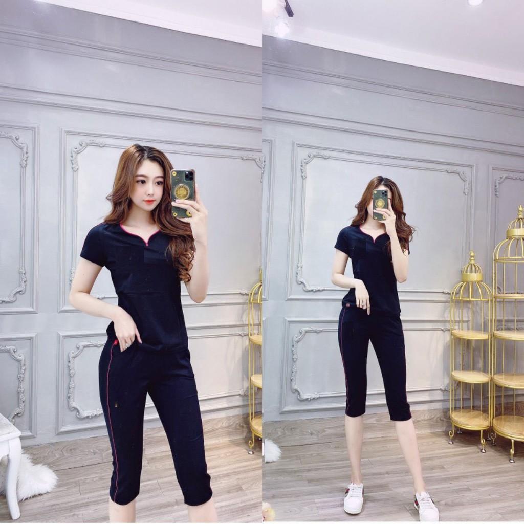 Set đồ bộ quần lửng phối áo màu thêu logo, chất liệu thun cotton loại 1 cực xinh size 45-65kg