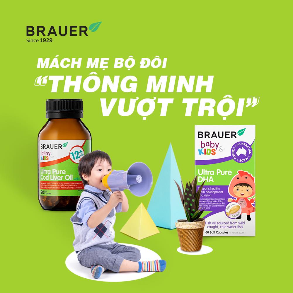 Viên mềm Dầu gan cá Tuyết tinh khiết và DHA Brauer Baby & Kids Ultra Pure Cod Liver Oil with DHA cho bé trên 1 tuổi - Nhập khẩu Australia