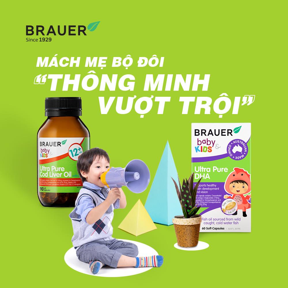 Viên mềm Dầu gan cá Tuyết tinh khiết và DHA Brauer Baby & Kids Ultra Pure Cod Liver Oil with DHA cho bé trên 1 tuổi (90 viên) - Nhập khẩu Australia