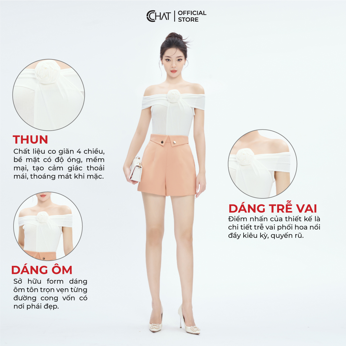 Áo Thun Kiểu Trễ Vai Cài Hoa Dáng Ôm Chất Vải Mềm Mịn Co Giãn 4 Chiều 13TNC8001OT