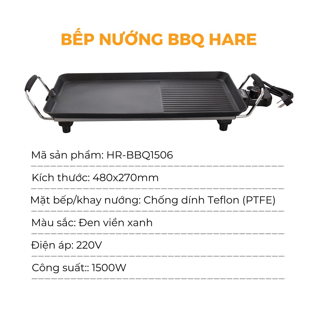 Bếp nướng dùng điện BBQ1506 chống dính - thương hiệu Hare - bảo hành 12 tháng ( tặng kèm ấm siêu tốc Inox)