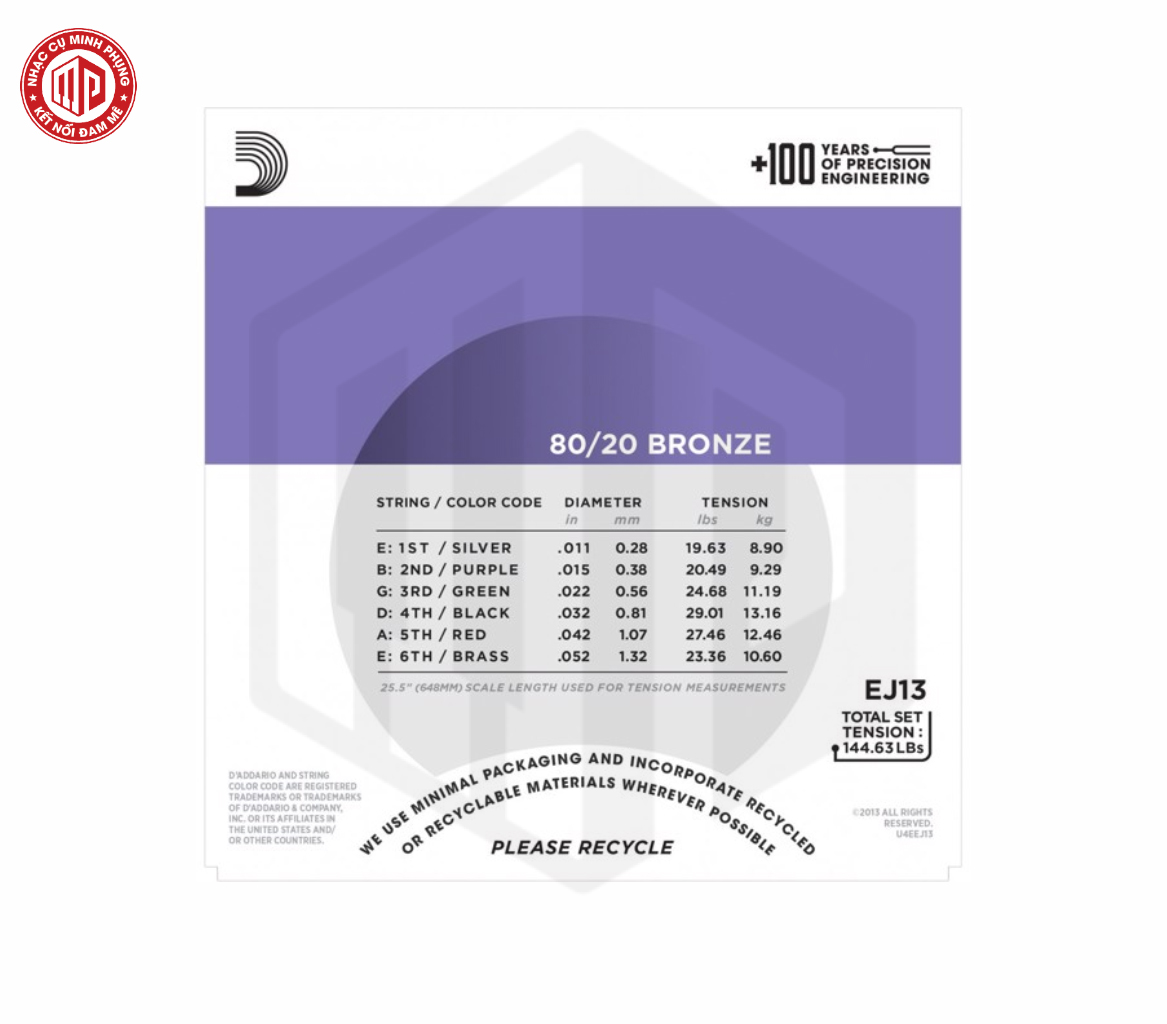 Bộ dây đàn Guitar Acoustic/ Acoustic Guitar Strings - D'Addario EJ13 - 80/20 Bronze - Deep, Bright & Projecting Tone - Custom Light Gauge .011-.052 (Custom Light 11-52) - Hàng chính hãng