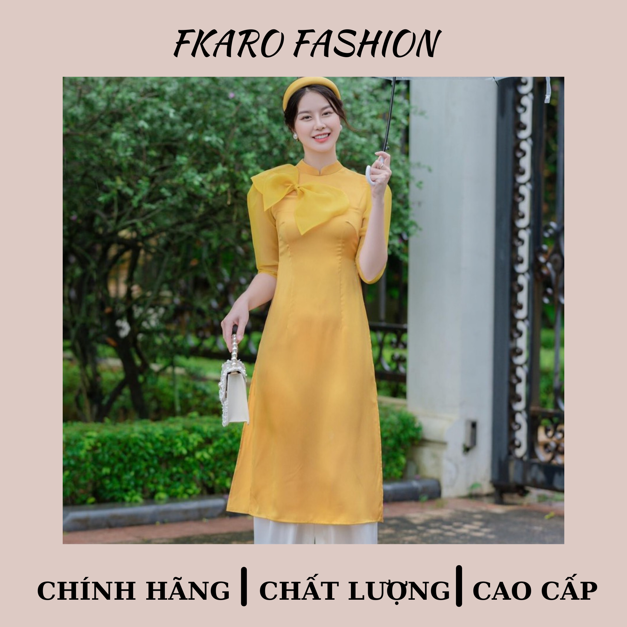 ÁO DÀI CÁCH TÂN ORGANZA THẮT NƠ SIÊU XINH MÀU VÀNG - THIẾT KẾ HAI LỚP - FKARO