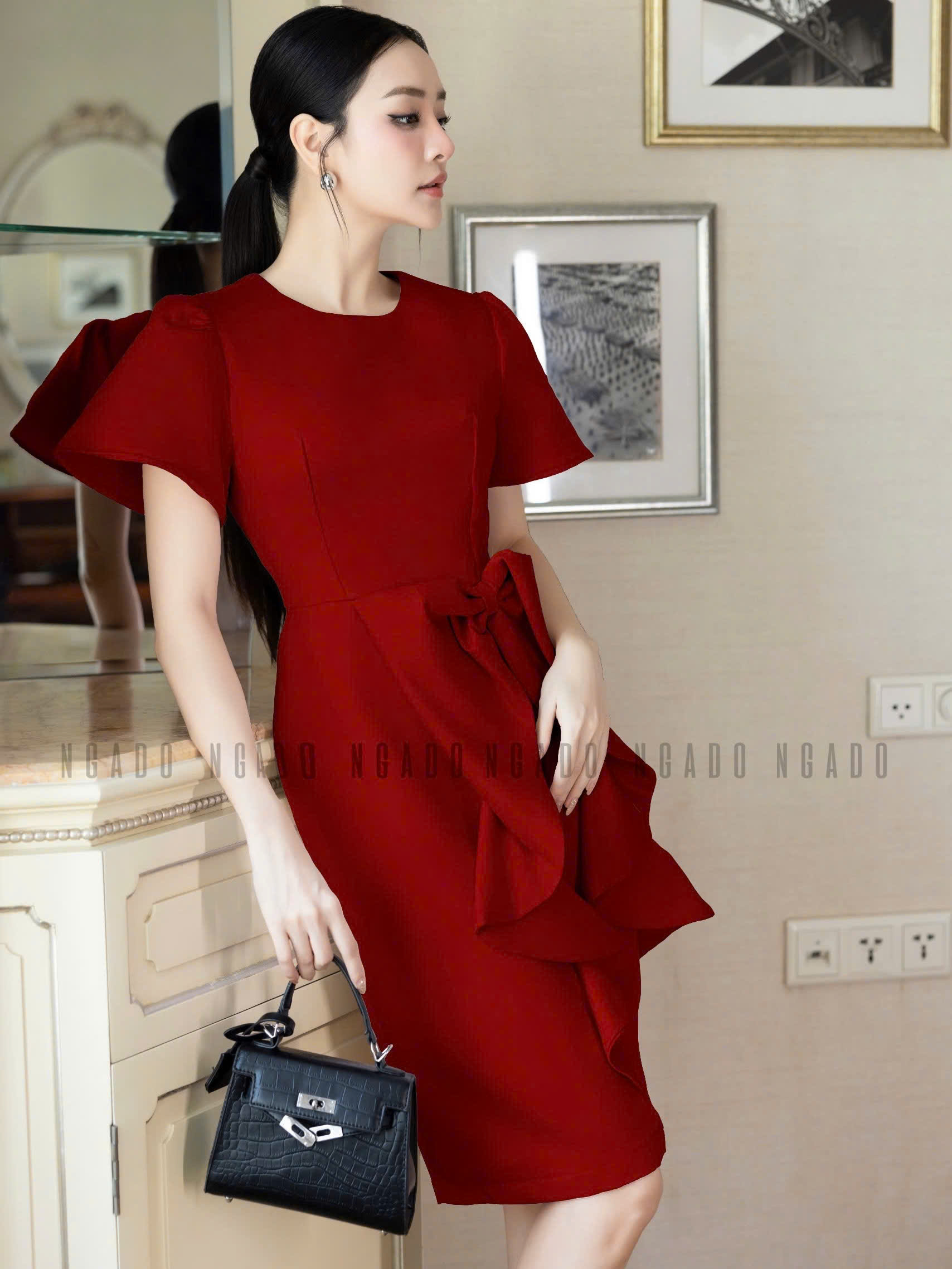 Đầm đỏ tay loe NGADO , đầm kiểu Nữ , đầm dự tiệc , công sở