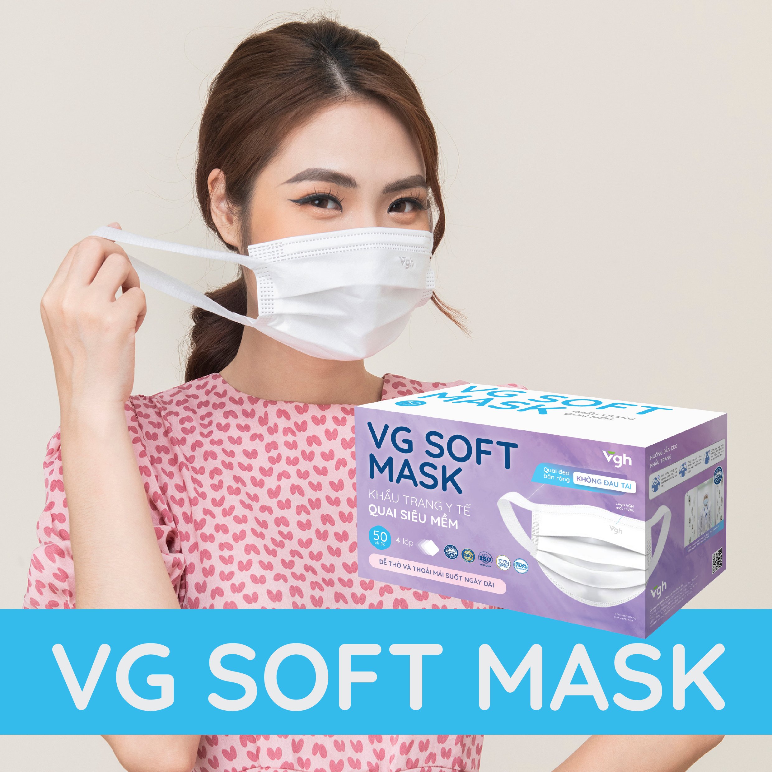 Khẩu trang quai siêu mềm VG Soft Mask lọc khuẩn 95%, cấu trúc 4 lớp mềm mại thoáng khí