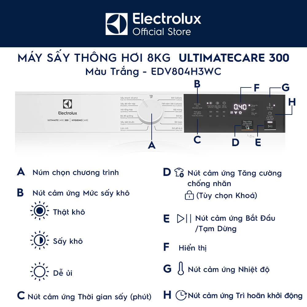 [Mới 2024] Máy sấy thông hơi Electrolux 8kg UltimateCare 300 - Trắng EDV804H3WC - Hàng chính hãng