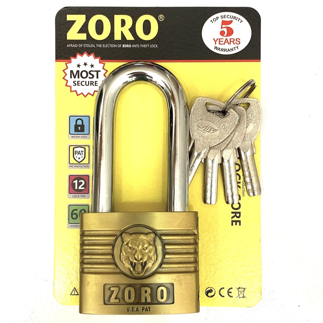 Ổ khóa ZORO 6 phân đầu cọp càng dài - khóa cửa càng dài chống gỉ chống cắt bền bỉ cao cấp