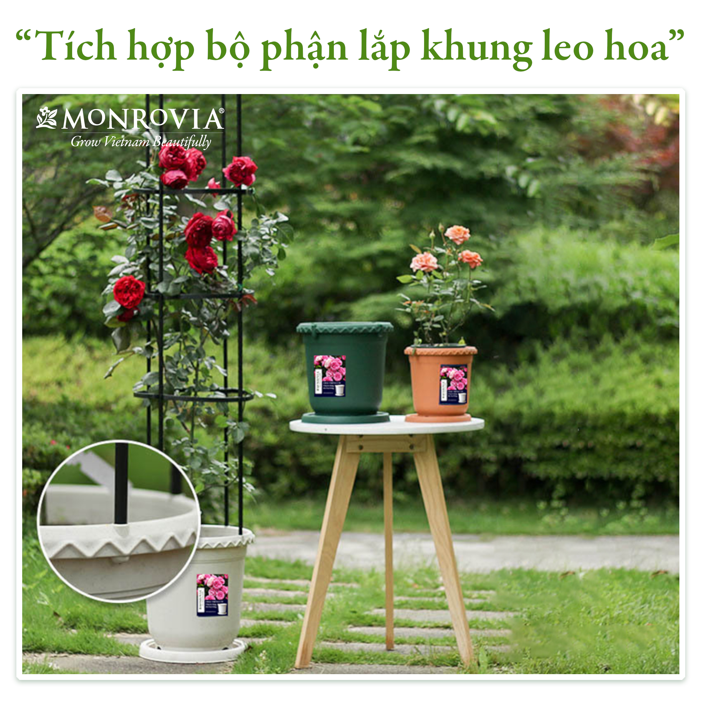 Chậu Trồng Cây Decor Trang Trí Thương Hiệu Monrovia Chuyên Cho Hoa, Hoa Hồng, Kèm Đĩa Lót Thông Minh, Thiết Kế Tinh Tế, Tiêu Chuẩn Châu Âu - Trắng Ngọc Trai 35