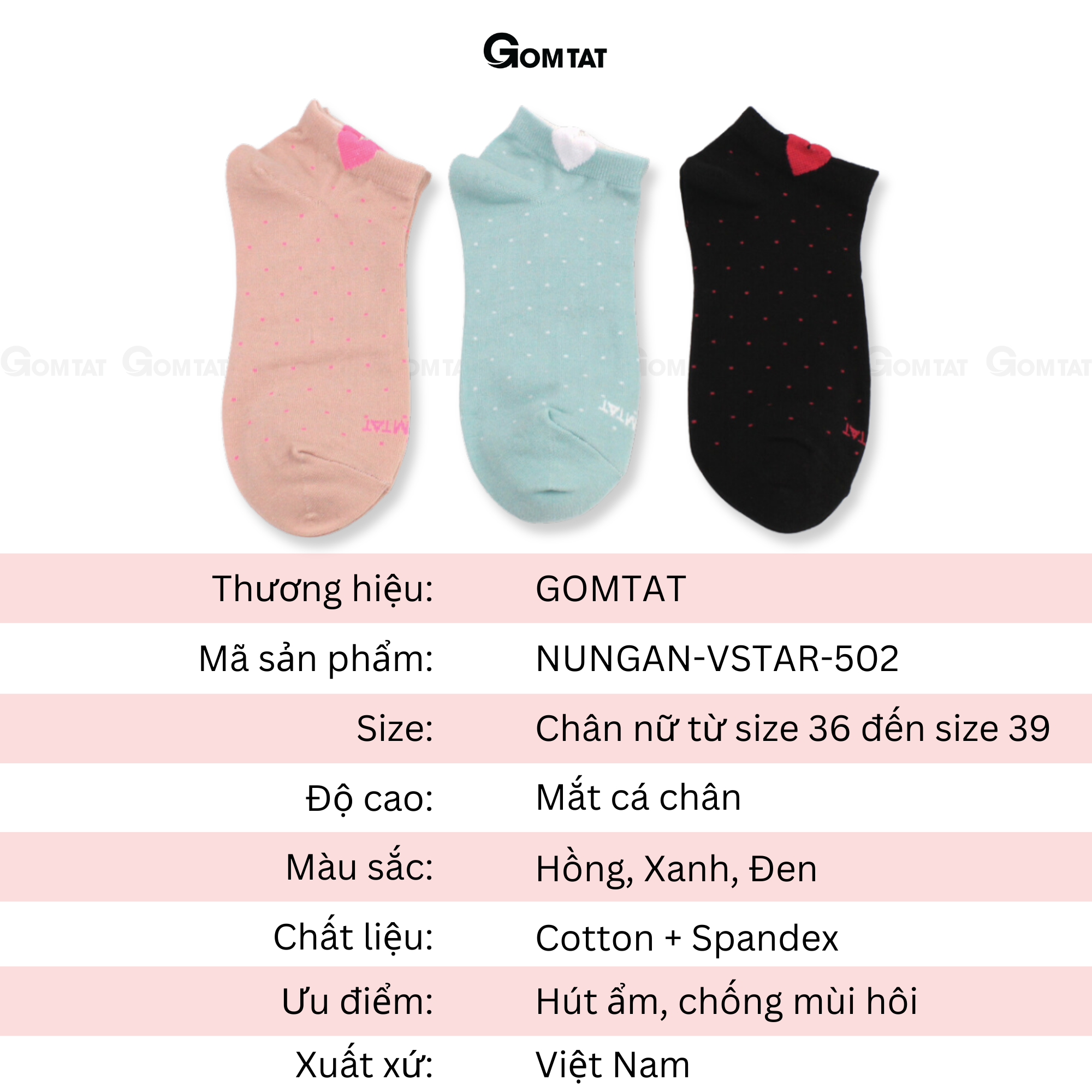 Vớ nữ cổ ngắn GOMTAT, tất nữ chất liệu cotton êm mềm, đi mát - NUNGAN-VSTAR-502