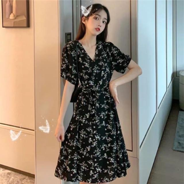 Váy hoa vintage cổ chéo hoa tiết hoa nhí Ulzzang style VKE7026 Hàng Quảng Châu