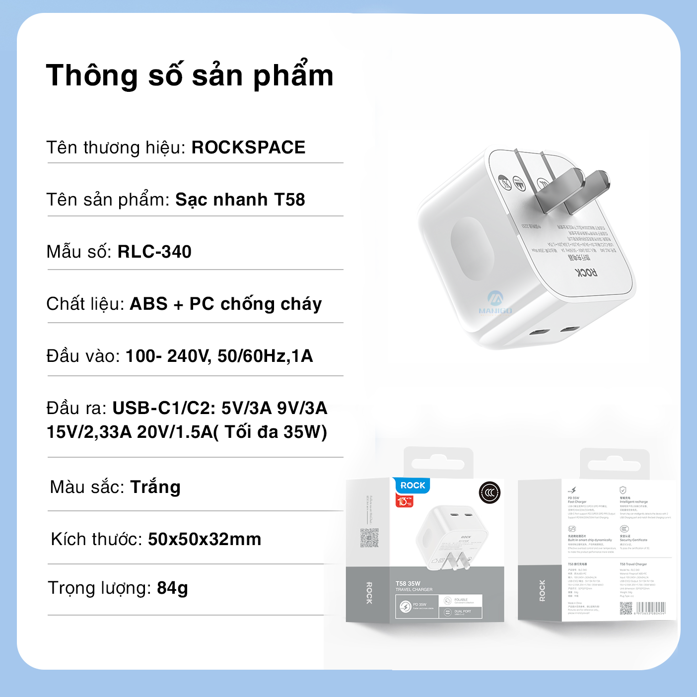 Củ sạc nhanh Rockspace T58 2 cổng TypeC sạc nhanh 35w sạc ổn định - hàng chính hãng bảo hành 12 tháng