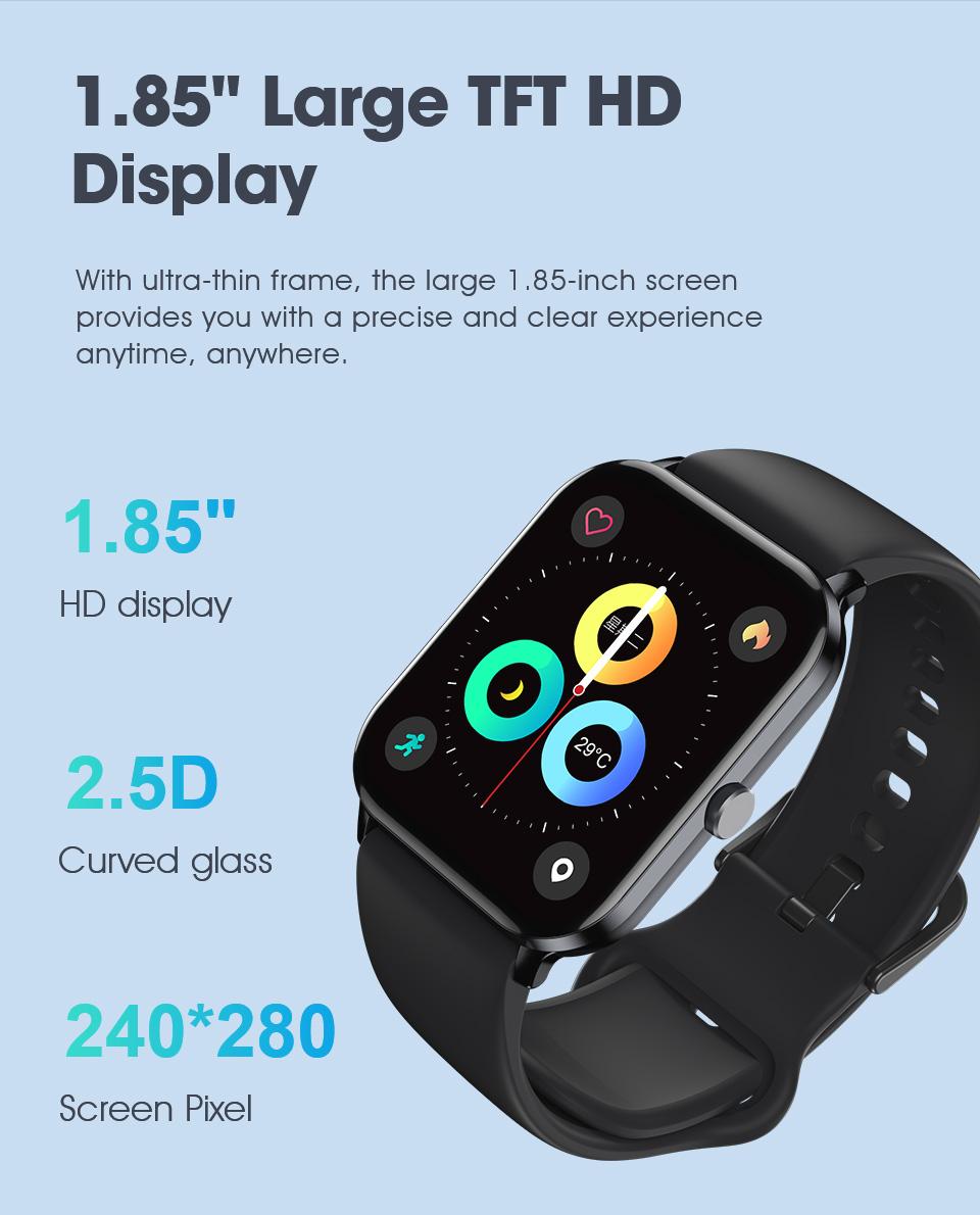 QCY SMART WATCH GTC 1.85 "Màn hình lớn màn hình cảm ứng đầy đủ SmartWatch Sức khỏe Giám sát 70 Chế độ thể thao Ipx8 Face tùy chỉnh đồng hồ tùy chỉnh