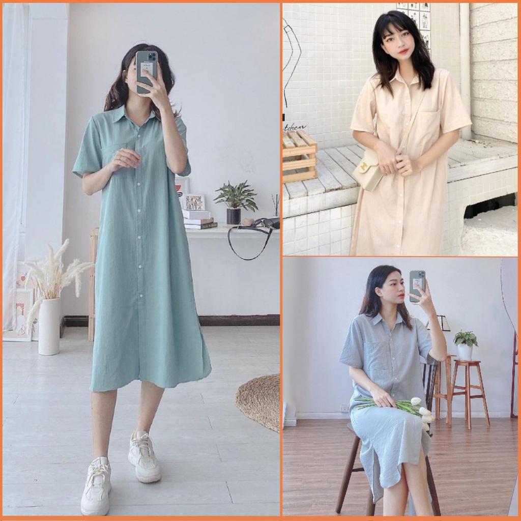 Váy sơ mi dáng dài thắt eo – Đầm nữ form suông vintage V-SMN