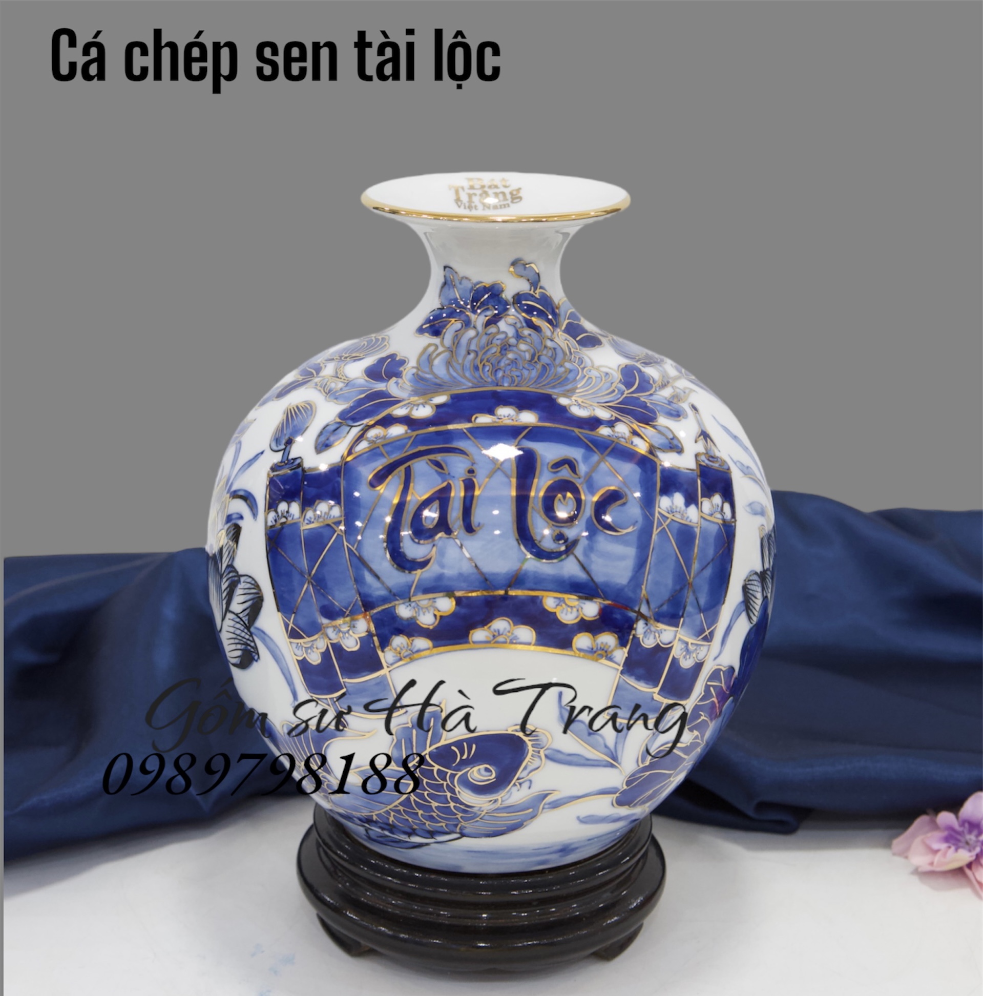 Bình hút tài lộc gốm sứ Bát Tràng cao cấp vẽ vàng hoạ tiết cá chép sen tài lộc cao 22cm