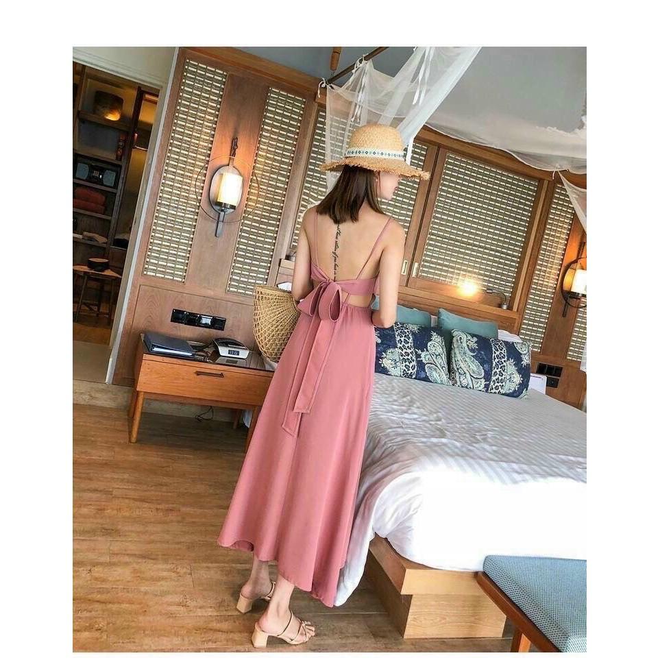 Đầm maxi 2 dây hở lưng cợt nơ sau điệu đà sexy